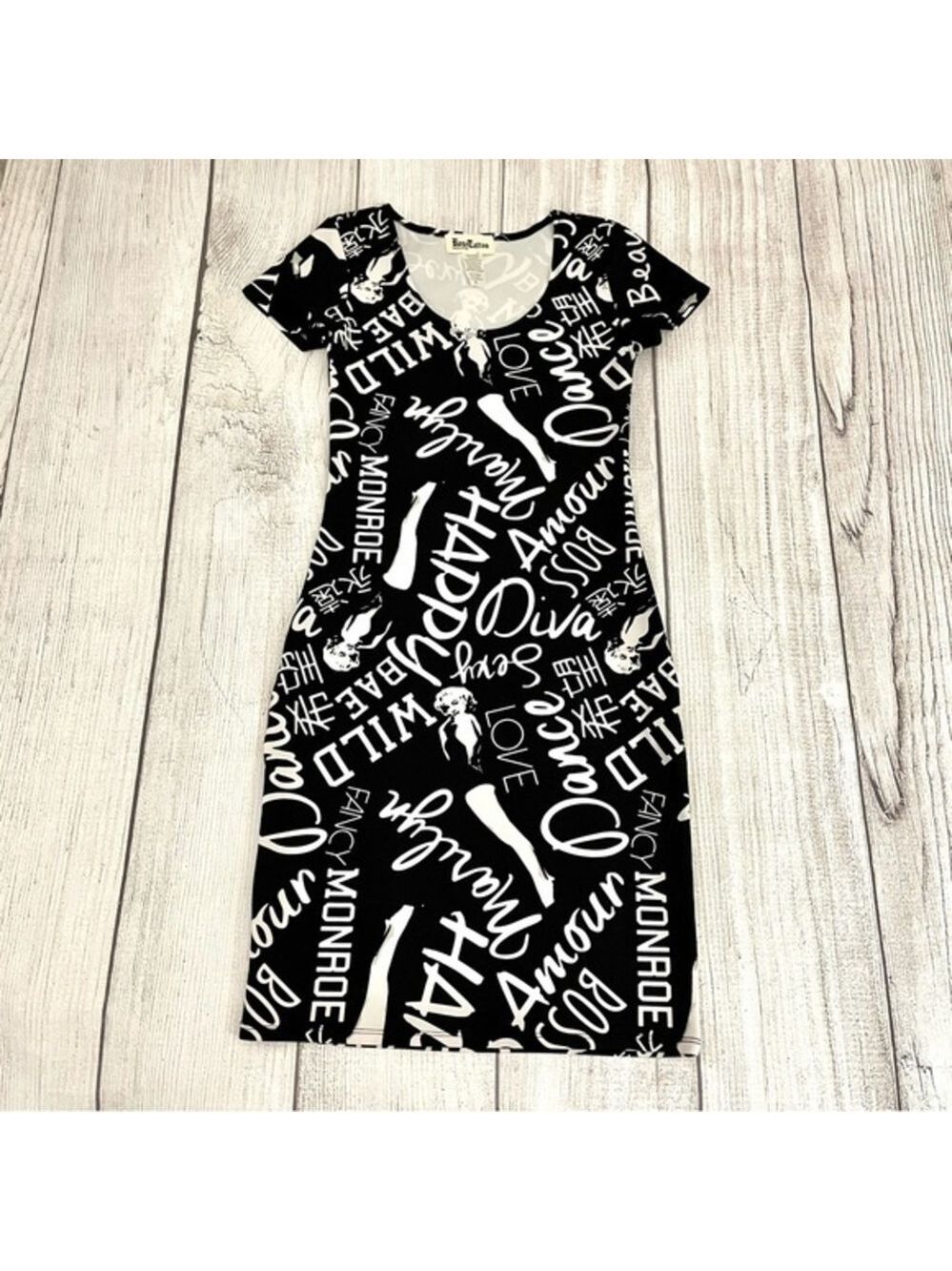 Marylin Monroe ROSE TATTOO Women’s Black & White Fitted Printed Dress Sz Small
